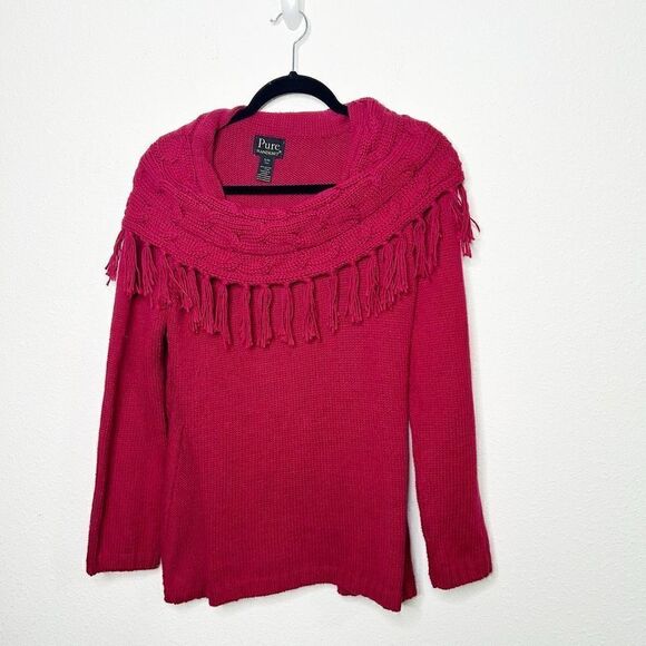 Pure Handknit Women’s Red Fringe Cowl Neck Cotton Sweater Size S/M - Picture 1 of 13